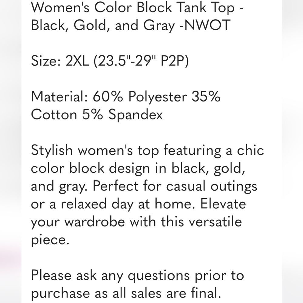 Women's Color Block Tank Top - Black, Gold, and Gray -NWOT - Picture 6 of 7
